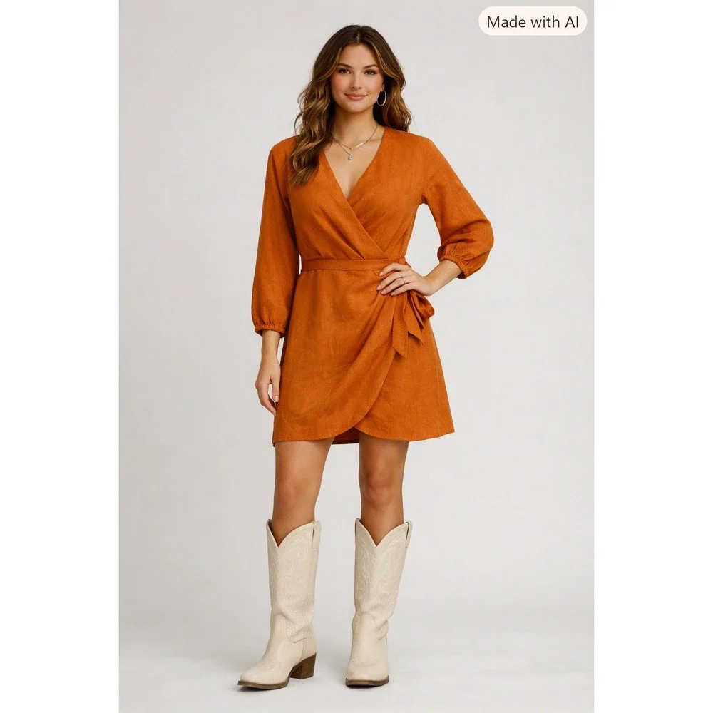 Express Linen Blend Mini Dress Womens XS Burnt Orange Cottagecore Boho Faux Wrap
